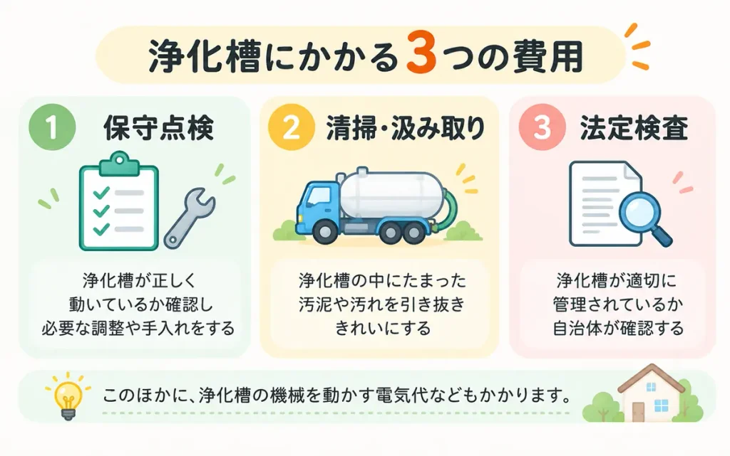 浄化槽の維持費にかかる3つの費用を紹介した図解。保守点検、清掃・汲み取り、法定検査の違いを説明。