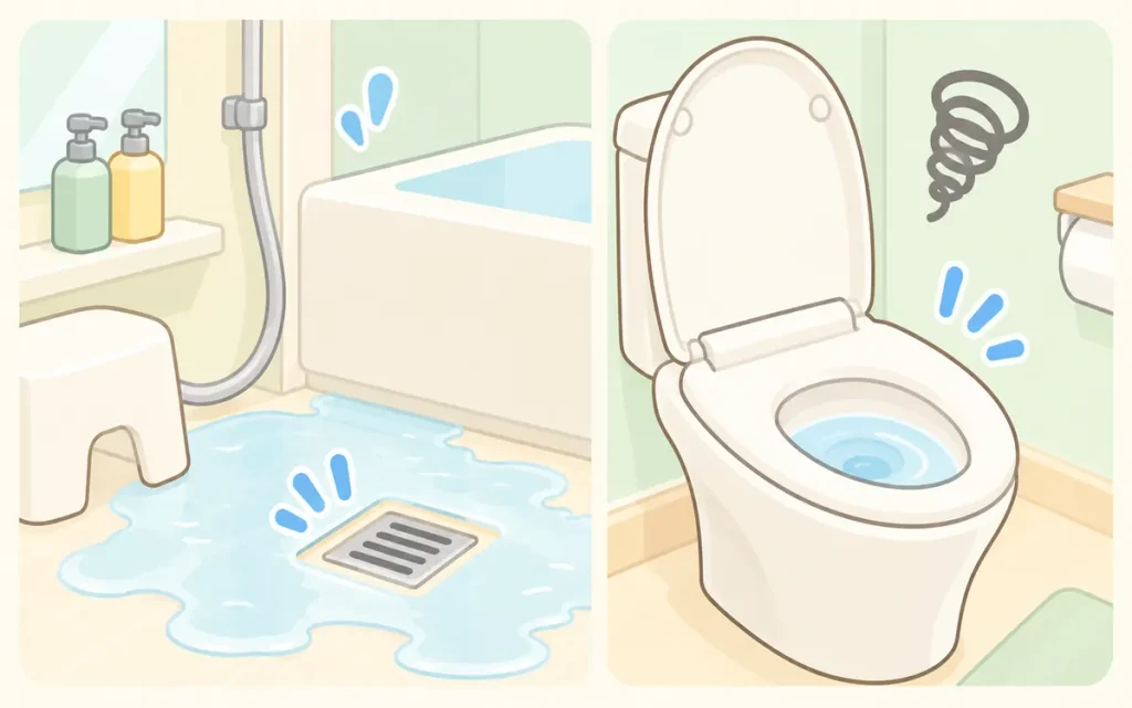 お風呂の洗い場の排水口に水がたまる様子と、トイレの水の流れが悪くなった様子を描いたイラスト。